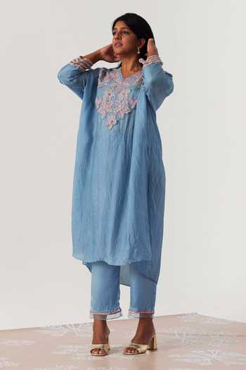 Buy_One Not Two_Blue Viscose, Silk, Modal, Satin Sequins, Beads, Embroidery Kurta And Pant Set _at_Aza_Fashions