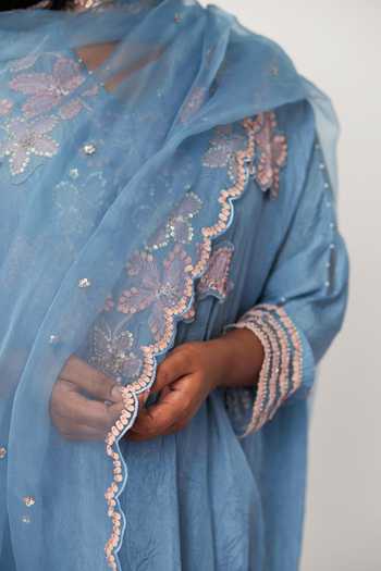 One Not Two_Blue Viscose, Silk, Modal, Satin Sequins, Beads, Embroidery Kurta And Pant Set _Online_at_Aza_Fashions