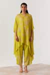 Buy_One Not Two_Yellow Kaftan Viscose Silk Embroidered Sequin V-neck Floral With Pant _at_Aza_Fashions