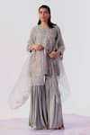 Buy_One Not Two_Grey Kurta Viscose Silk Embroidered Sequin Round Floral Flared With Saharara _at_Aza_Fashions