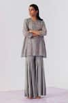 Shop_One Not Two_Grey Kurta Viscose Silk Embroidered Sequin Round Floral Flared With Saharara _at_Aza_Fashions