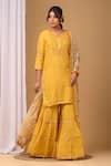 Gulabik Jaipur_Yellow Handloom Chanderi Embellishment Floral Notched Kurta And Gharara Set _Online_at_Aza_Fashions