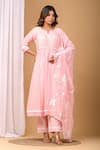 Gulabik Jaipur_Pink Handloom Chanderi Embroidery Floral Notched Pintuck Pleat Kurta And Pant Set _at_Aza_Fashions