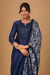 Gulabik Jaipur_Blue Handloom Chanderi Embellishment Floral Notched Kurta And Pant Set _at_Aza_Fashions