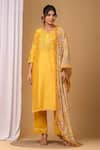 Gulabik Jaipur_Yellow Handloom Chanderi Embellishment Floral Notched Kurta And Pant Set _Online_at_Aza_Fashions