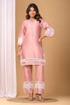 Gulabik Jaipur_Peach Handloom Chanderi Embellishment Floral Scallop Lace Kurta With Pant _Online_at_Aza_Fashions