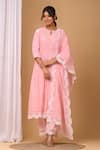 Gulabik Jaipur_Pink Handloom Chanderi Embroidery Floral Round Scallop Kurta And Pant Set _Online_at_Aza_Fashions