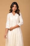 Gulabik Jaipur_Beige Handloom Chanderi Cutwok Floral V-neck Kurta With Pant _at_Aza_Fashions