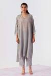 Buy_One Not Two_Grey Viscose, Silk, Modal, Satin Pearls, Floral Asymmetric Kurta With Pant _at_Aza_Fashions