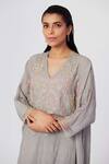 Shop_One Not Two_Grey Viscose, Silk, Modal, Satin Pearls, Floral Asymmetric Kurta With Pant _at_Aza_Fashions