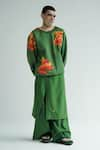 Buy_TIL_Green Cotton Hand Embroidered Thread Draped Wide Legged Trouser _at_Aza_Fashions