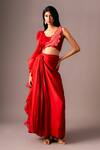 Buy_Vanshika Agarwal Label_Red Satin Georgette Embroidery Leaf Elara Ruffle Top And Draped Skirt Set _at_Aza_Fashions