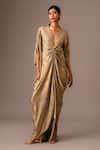 Buy_Vanshika Agarwal Label_Gold Dolphin Plain Plunge V Neck Ophelia Metallic Ruched Kaftan _at_Aza_Fashions