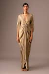 Vanshika Agarwal Label_Gold Dolphin Plain Plunge V Neck Ophelia Metallic Ruched Kaftan _Online_at_Aza_Fashions