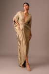 Buy_Vanshika Agarwal Label_Gold Dolphin Plain Plunge V Neck Ophelia Metallic Ruched Kaftan _Online_at_Aza_Fashions