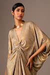 Shop_Vanshika Agarwal Label_Gold Dolphin Plain Plunge V Neck Ophelia Metallic Ruched Kaftan _Online_at_Aza_Fashions