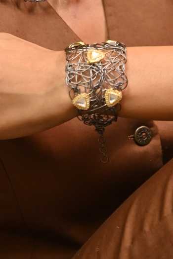 Shop_Zaza By Somya_Gold Plated Crystals Radiant Kundan Prism Mesh Bracelet _at_Aza_Fashions