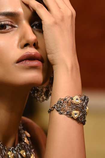 Zaza By Somya_Gold Plated Crystals Radiant Kundan Prism Mesh Bracelet _Online_at_Aza_Fashions
