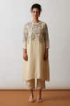 Shop_One Not Two_Off White Kurta Viscose Silk Hand Embroidered Asymmetric A-line And Pant Set _at_Aza_Fashions