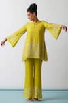 Buy_One Not Two_Yellow Kurta Viscose Silk Hand Embroidered Floral A-line Short And Pant Set _at_Aza_Fashions