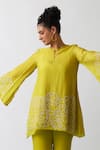 One Not Two_Yellow Kurta Viscose Silk Hand Embroidered Floral A-line Short And Pant Set _Online_at_Aza_Fashions