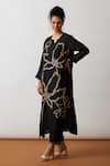 Buy_One Not Two_Black Kurta Viscose Silk Hand Embroidered Floral Notched A-line And Pant Set _at_Aza_Fashions