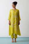 Buy_One Not Two_Yellow Kurta Viscose Silk Hand Embroidered Floral Notched A-line And Pant Set _at_Aza_Fashions