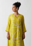 One Not Two_Yellow Kurta Viscose Silk Hand Embroidered Floral Notched A-line And Pant Set _Online_at_Aza_Fashions