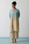 One Not Two_Blue Kurta Viscose Silk Hand Embroidered Floral Scalloped V Neck And Pant Set _at_Aza_Fashions