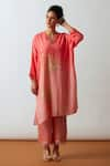 Buy_One Not Two_Orange Kurta Viscose Silk Hand Embroidered Floral Scalloped V Neck And Pant Set _at_Aza_Fashions