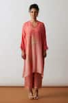 Buy_One Not Two_Orange Kurta Viscose Silk Hand Embroidered Floral Scalloped V Neck And Pant Set _Online_at_Aza_Fashions