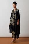 One Not Two_Black Kaftan Viscose Silk Hand Embroidered Floral Asymmetric And Pant Set _Online_at_Aza_Fashions