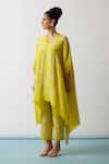 Buy_One Not Two_Yellow Kaftan Viscose Silk Hand Embroidered Floral Asymmetric And Pant Set _at_Aza_Fashions