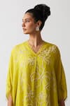 One Not Two_Yellow Kaftan Viscose Silk Hand Embroidered Floral Asymmetric And Pant Set _Online_at_Aza_Fashions