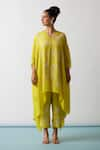 Shop_One Not Two_Yellow Kaftan Viscose Silk Hand Embroidered Floral Asymmetric And Pant Set _Online_at_Aza_Fashions