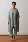 Shop_One Not Two_Blue Kaftan Viscose Silk Hand Embroidered Floral Scalloped V Neck And Pant Set _Online_at_Aza_Fashions