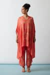 Buy_One Not Two_Orange Kaftan Viscose Silk Hand Embroidered Floral Scalloped V Neck And Pant Set _at_Aza_Fashions