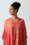 One Not Two_Orange Kaftan Viscose Silk Hand Embroidered Floral Scalloped V Neck And Pant Set _Online_at_Aza_Fashions