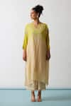 Buy_One Not Two_Yellow Kaftan Viscose Silk Hand Embroidered Floral Scalloped V Work And Pant Set _at_Aza_Fashions