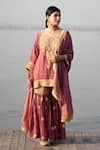 Shop Daljit Sudan Pink Crepe And Georgette Tilla Leaf Neck Embroidered Kurta Sharara Set Shop_Daljit Sudan_Pink Crepe And Georgette Tilla Leaf Neck Embroidered Kurta Sharara Set