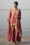 Daljit Sudan Pink Crepe And Georgette Tilla Leaf Neck Embroidered Kurta Sharara Set Online Daljit Sudan_Pink Crepe And Georgette Tilla Leaf Neck Embroidered Kurta Sharara Set _Online