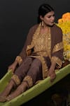Shop_Daljit Sudan_Brown Crepe And Georgette Tilla Leaf Neck Embroidered Phiran Kurta Pant Set 