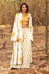 Buy_Akashi Clothing_Yellow Kala Cotton Printed Sunflower Open Embroidered Long Jacket _at_Aza_Fashions