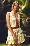 Buy_Akashi Clothing_Yellow Kala Cotton Printed Lemon Plunge Drop Embroidered Top With Skirt _Online_at_Aza_Fashions