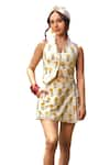 Buy_Akashi Clothing_Yellow Kala Cotton Printed Sunflower V-neck Florence Embroidered Vest With Skirt _Online_at_Aza_Fashions