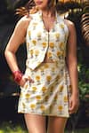 Akashi Clothing_Yellow Kala Cotton Printed Sunflower V-neck Florence Embroidered Vest With Skirt _at_Aza_Fashions