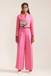 Buy_MINI SONDHI_Pink Linen Embroidered Thread Lapel Cropped Blazer With Pant _at_Aza_Fashions