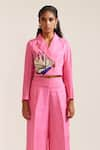 Buy_MINI SONDHI_Pink Linen Embroidered Thread Lapel Cropped Blazer With Pant _Online_at_Aza_Fashions