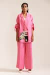 Buy_MINI SONDHI_Pink Linen Embroidered Thread Lapel Oversized Blazer With Pant _at_Aza_Fashions