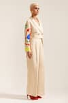 MINI SONDHI_Beige Linen Embroidered Applique Lapel Paint Stain Cropped Blazer With Pant _Online_at_Aza_Fashions